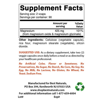 3 Pack  Magnesium Glycinate 425 Mg 180 Vegetarian Capsules | High Absorption Magnesium Glycinate & Magnesium Oxide Chelated, Non-Gmo, Gluten Free Muscle Relax