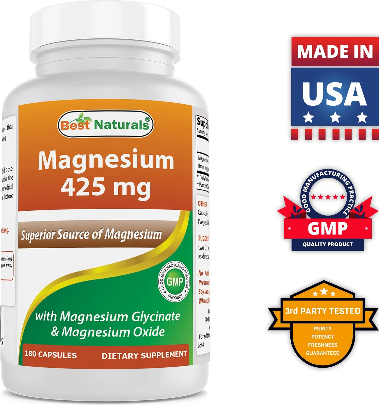 3 Pack  Magnesium Glycinate 425 Mg 180 Vegetarian Capsules | High Absorption Magnesium Glycinate & Magnesium Oxide Chelated, Non-Gmo, Gluten Free Muscle Relax