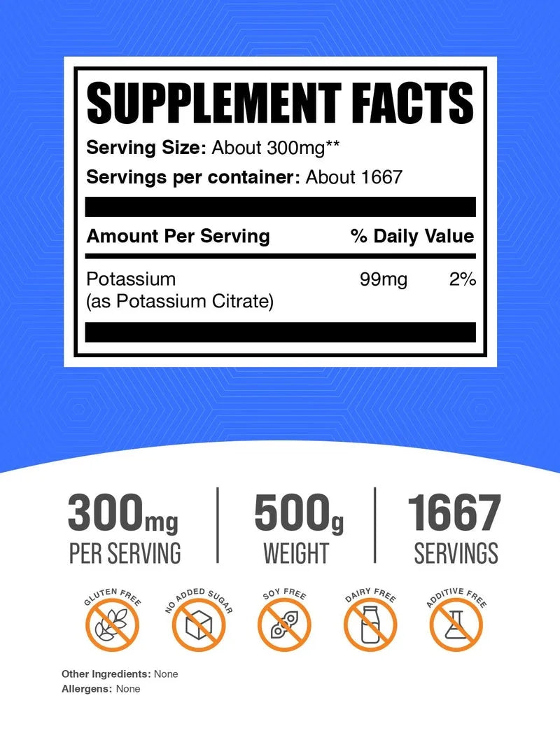 Bulksupplements Potassium Citrate Powder -Gluten Free, 300Mg per Serving, 100G (3.5 Oz)