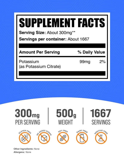 Bulksupplements Potassium Citrate Powder -Gluten Free, 300Mg per Serving, 100G (3.5 Oz)
