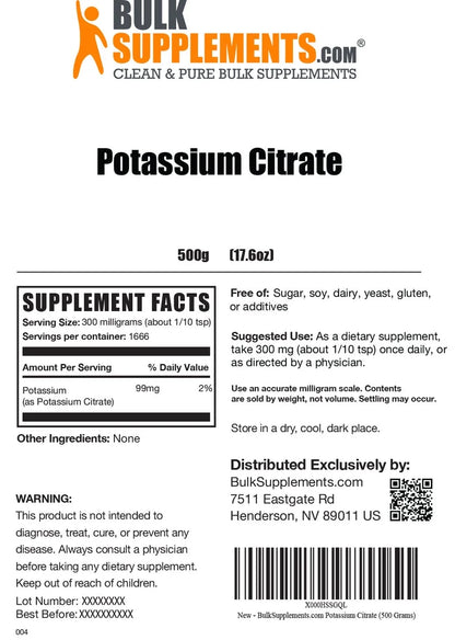 Bulksupplements Potassium Citrate Powder -Gluten Free, 300Mg per Serving, 100G (3.5 Oz)