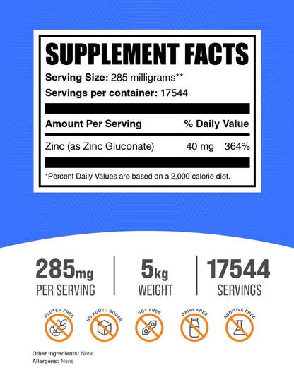 Zinc Gluconate Powder - Gluten Free, 285Mg per Serving - 250 Grams (8.8 Oz) - 877 Servings