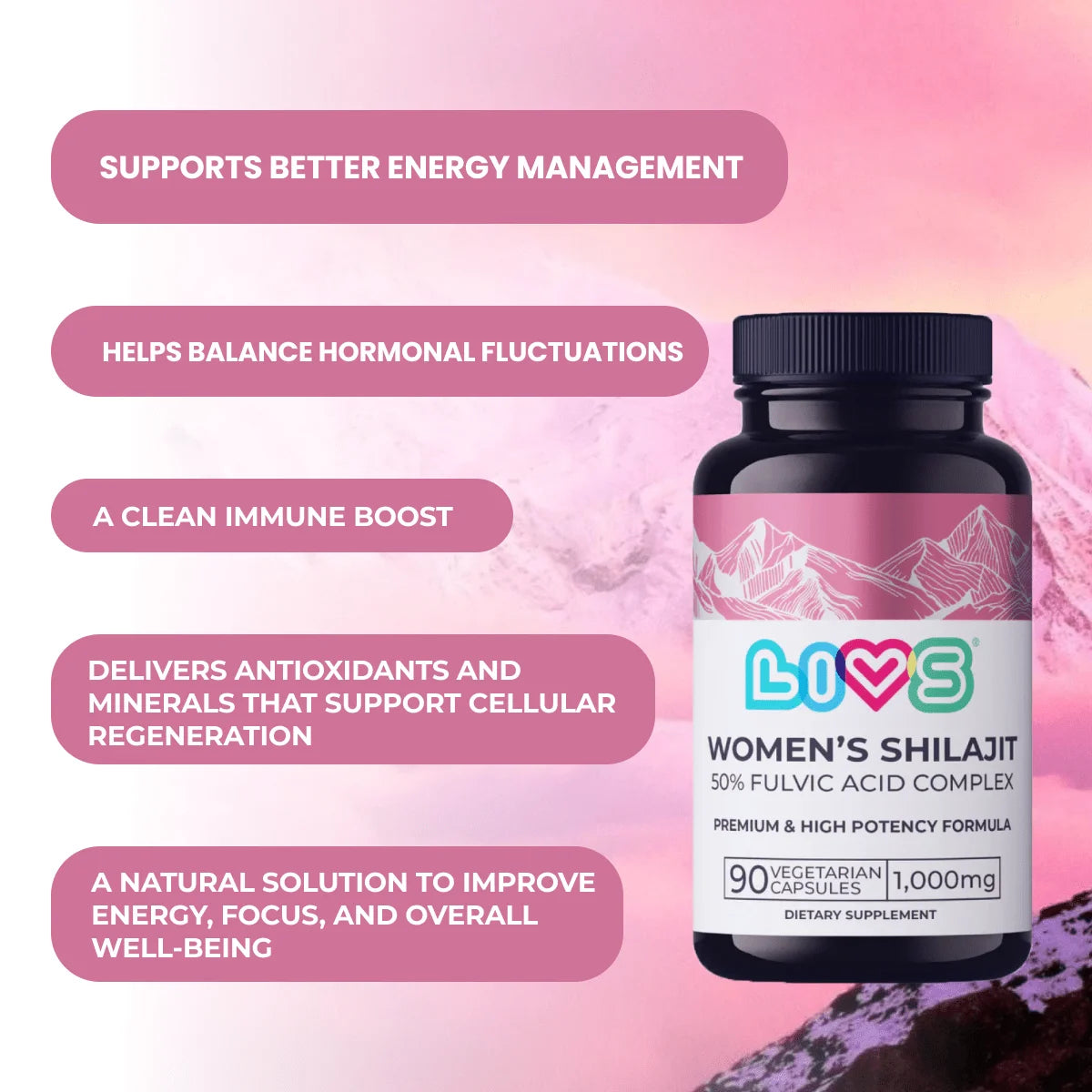 Shilajit Capsules for Women – Fulvic Acid Complex, 1,000Mg Pure Shilajit Extract, Energy, Hormonal Balance, 90 Capsules